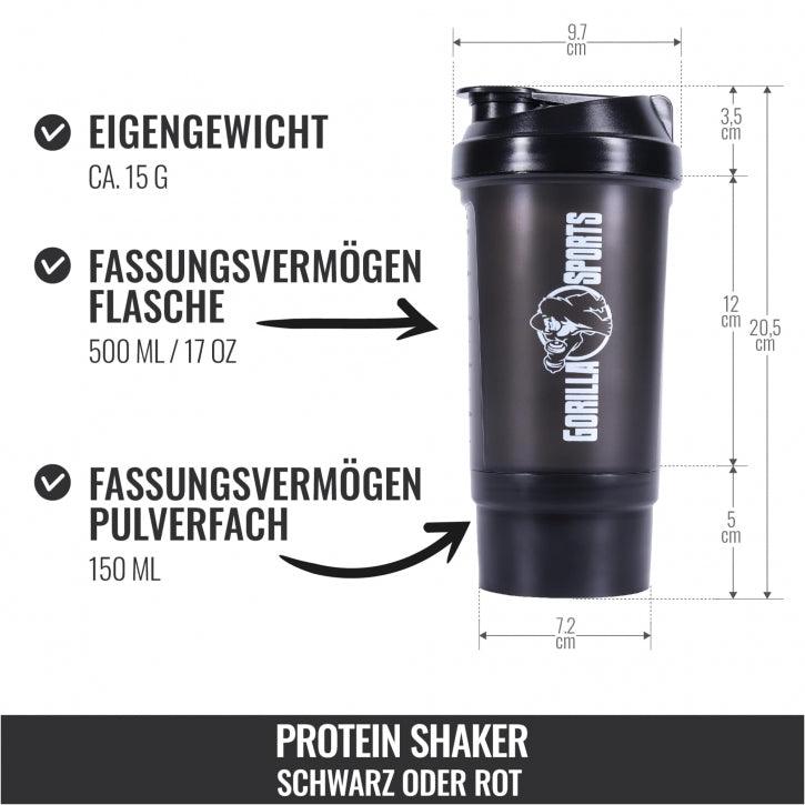 Protein Shaker 500 ml mit Pulverfach schwarz - Gorilla Sports DE