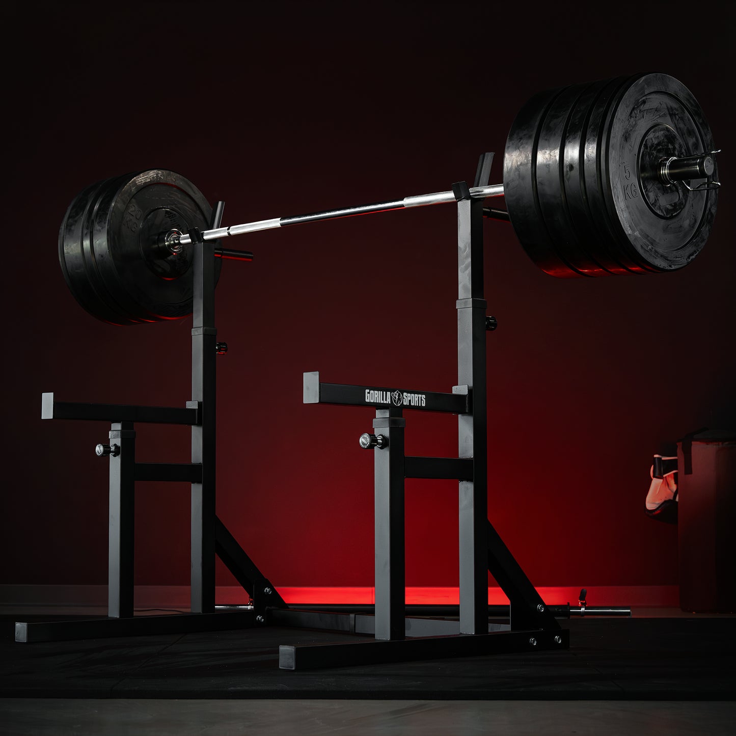 Squat Rack verstellbar in Höhe und Breite inkl, Olympia Bumper Plate Langhantel Set 170 kg