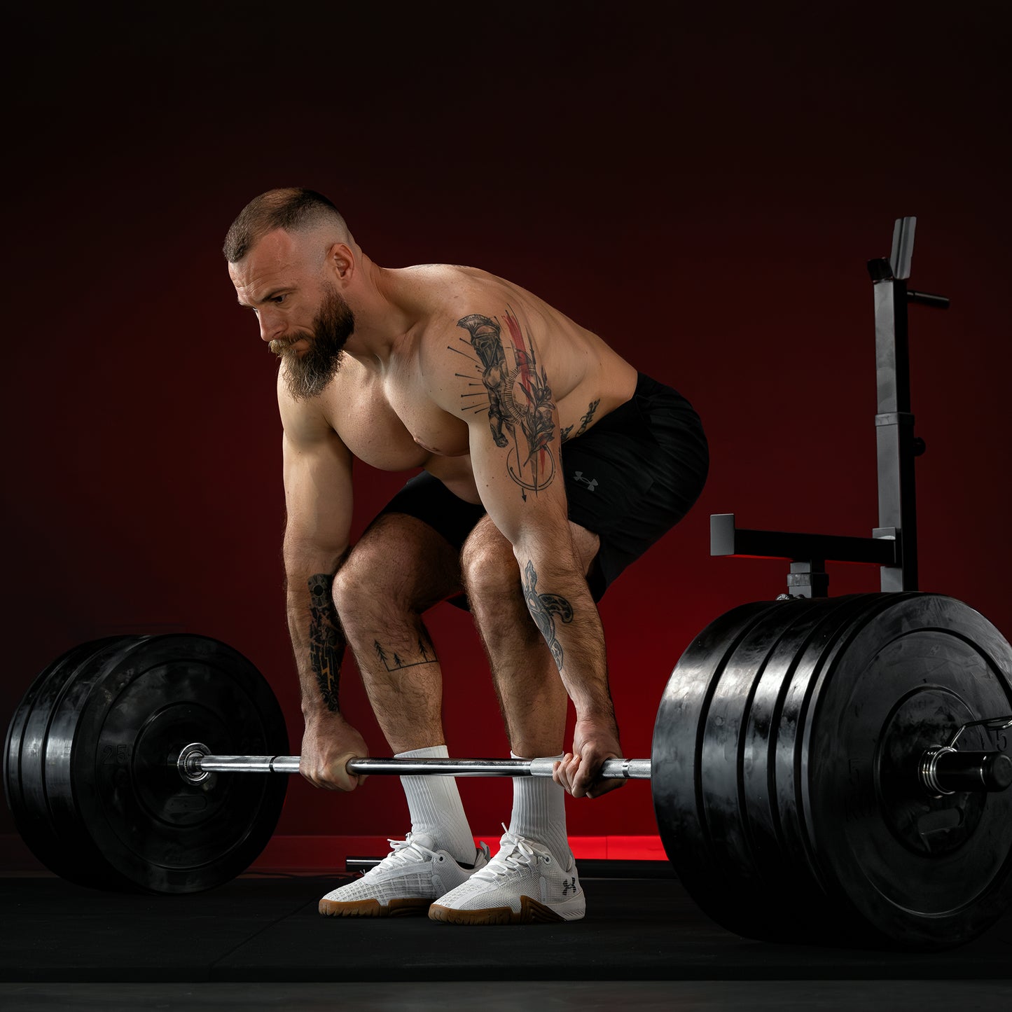 Squat Rack verstellbar in Höhe und Breite inkl, Olympia Bumper Plate Langhantel Set 170 kg