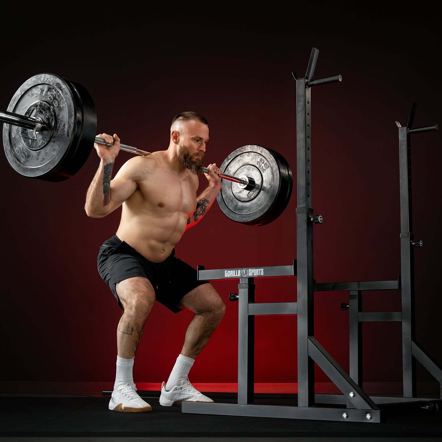 Squat Rack verstellbar in Höhe und Breite inkl, Olympia Bumper Plate Langhantel Set 170 kg