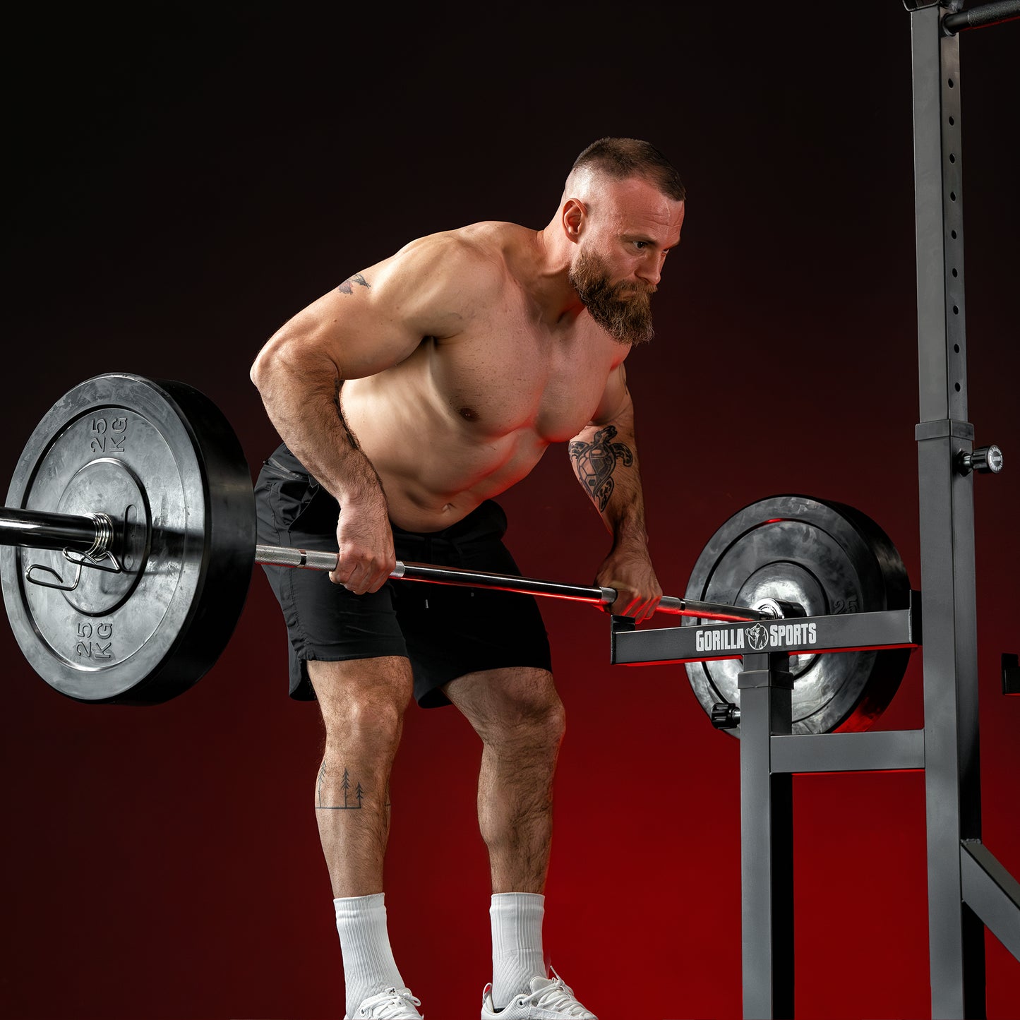 Squat Rack verstellbar in Höhe und Breite inkl, Olympia Bumper Plate Langhantel Set 170 kg