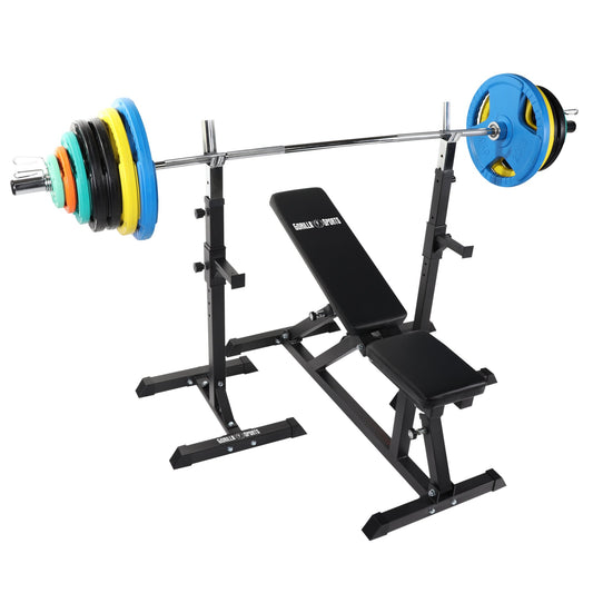 Schrägbank mit Squat Rack inkl, Langhantelset Olympia 150 kg