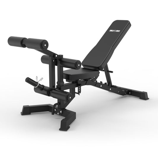 Hantelbank mit Bein-, Bizeps- und Trizeps-Aufsatz