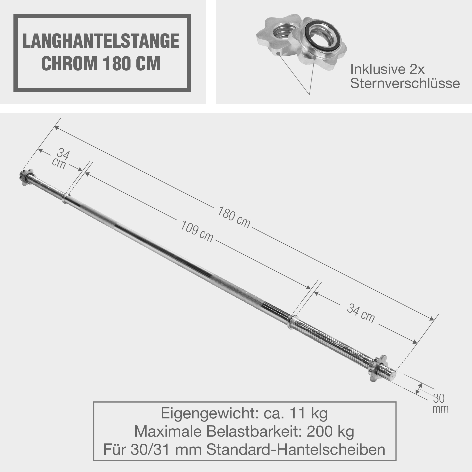 Langhantelstange Chrom 180 cm mit ✓ Sternverschluss